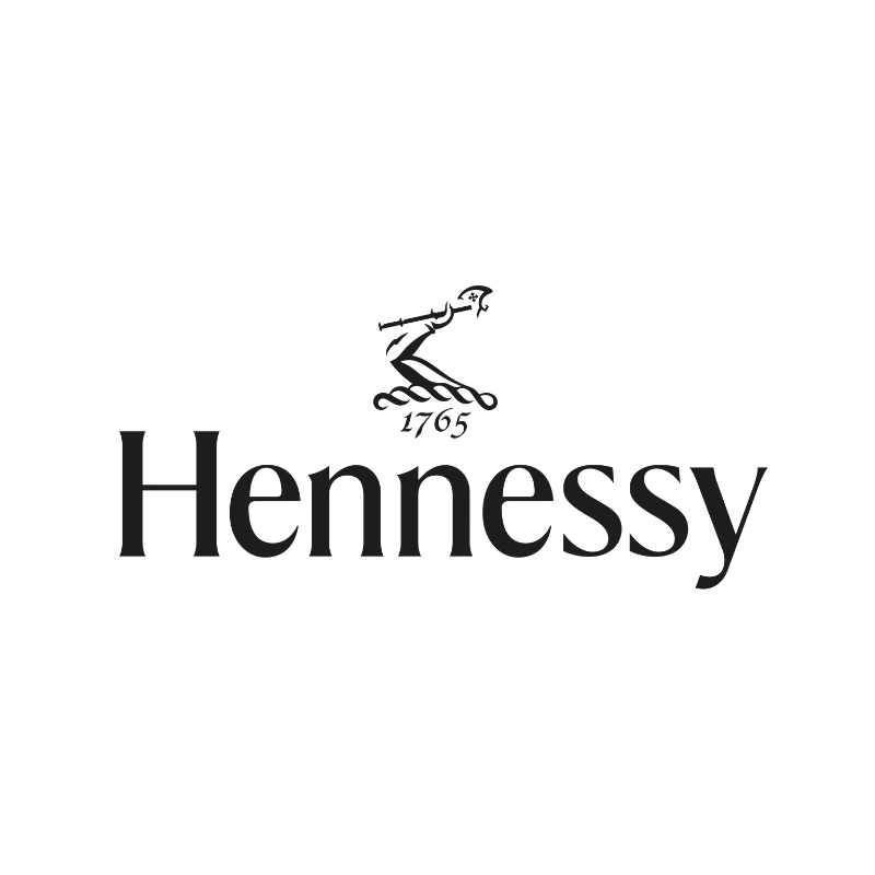 A black and white logo for hennessy cognac on a white background.