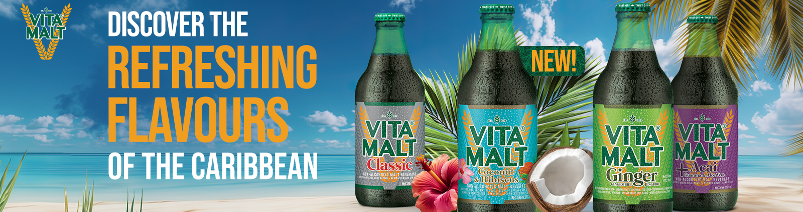 Bottles of soda on a beach with the words discover the refreshing flavours of the caribbean