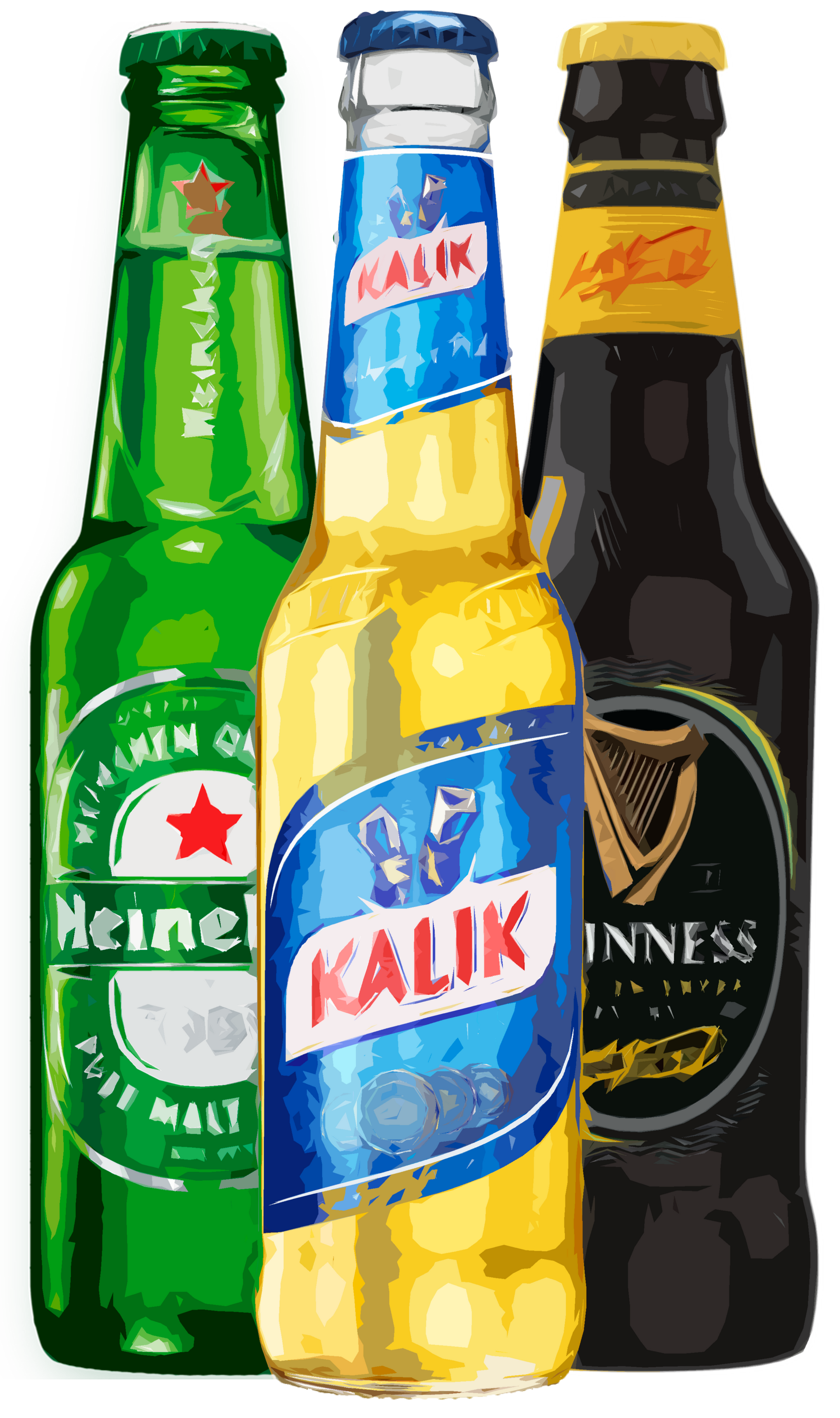 Three bottles of beer are sitting next to each other on a white background.
