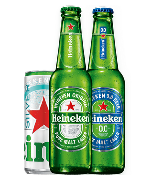 Two bottles of heineken next to a can of heineken