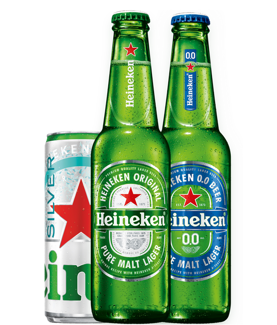 Two bottles of heineken next to a can of heineken