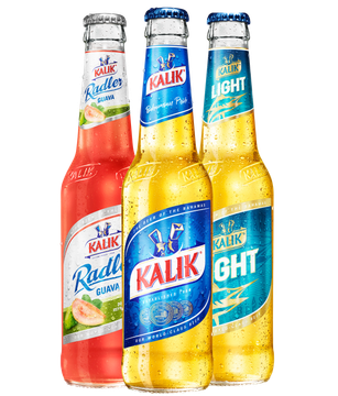 Three bottles of kalik beer are sitting next to each other on a white background.