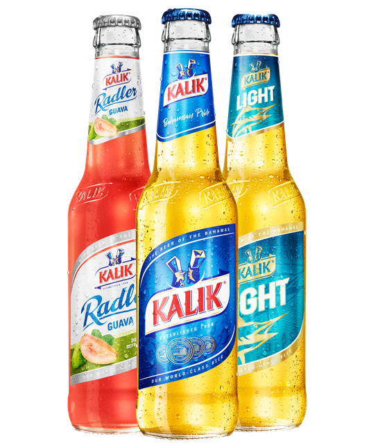 Three bottles of kalik beer are sitting next to each other on a white background.