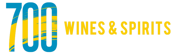 A blue and yellow logo for 700 wines and spirits