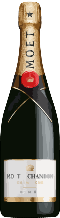 A close up of a bottle of moet champagne on a white background.