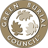 Green Burials Council circular logo with brown leaves and gold text on a white background