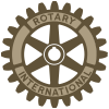 Rotary International gear logo in brown and gray with circular text around a center wheel