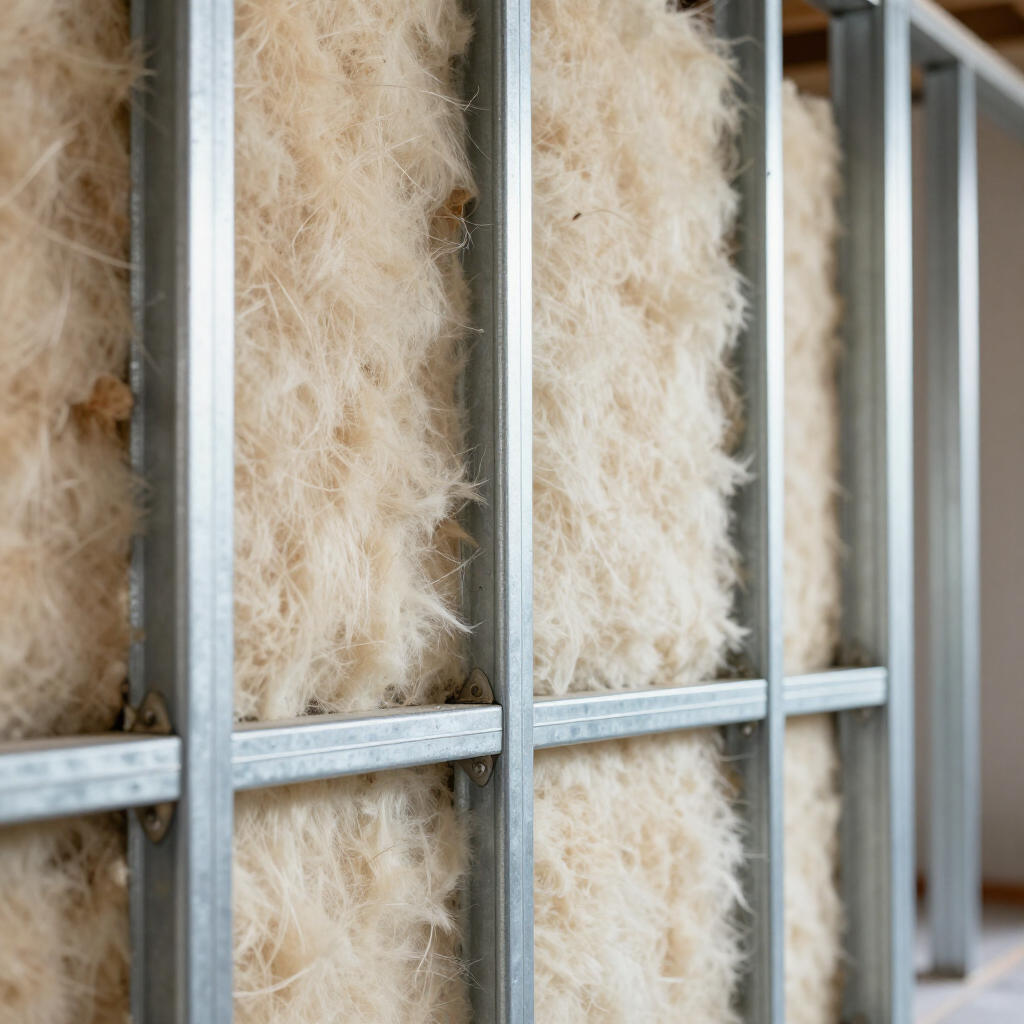 Aislante instalado en muro de estructura metálica antes de colocar panel