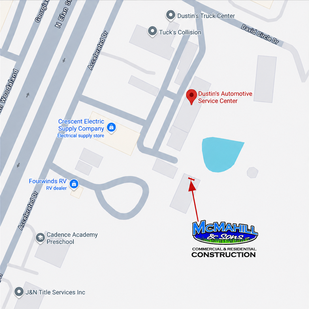 Map-style site plan with a red location pin, blue pond, and construction logo overlay. Map-style site plan with a red location pin, blue pond, and construction logo overlay.