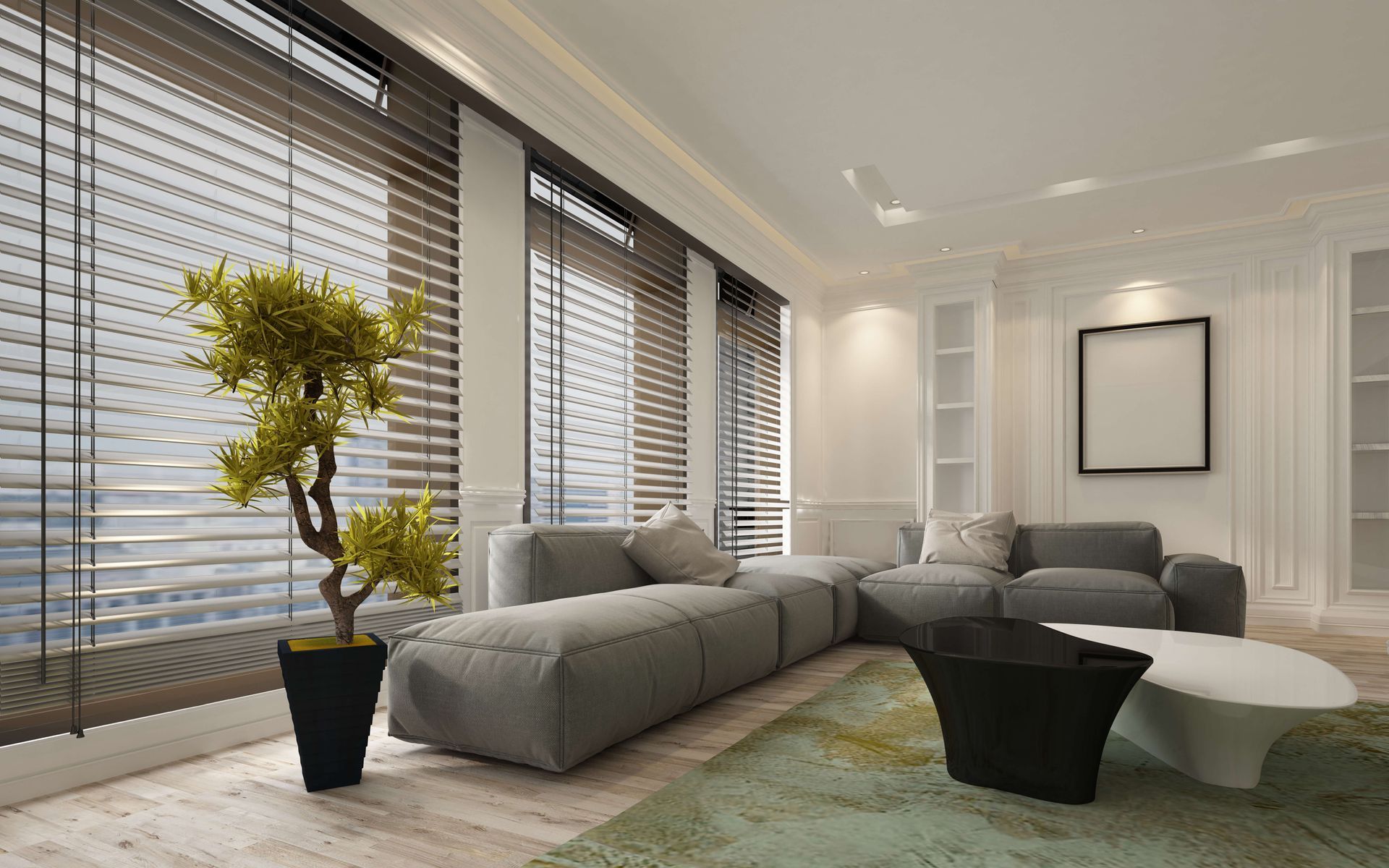 a beautiful home with blinds curtain