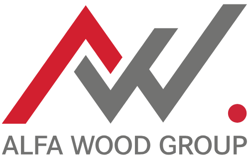 The logo for alfa wood group is a red and gray logo with a red circle in the middle.