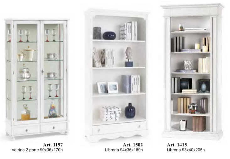 libreria in legno bianco e mobile con vetrina