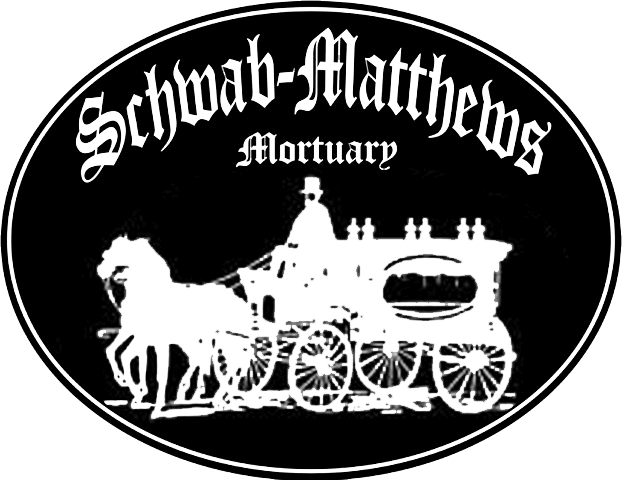 Black silhouette of a horse-drawn hearse with text 