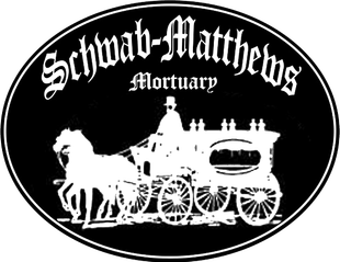 Schwab-Matthews Mortuary logo, featuring a horse-drawn hearse, in black and white oval.