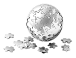 A globe made of puzzle pieces is surrounded by puzzle pieces.