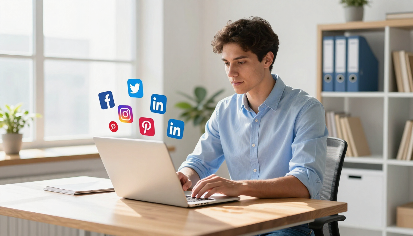 A small business owner planning their social media strategy on a laptop in a bright office.