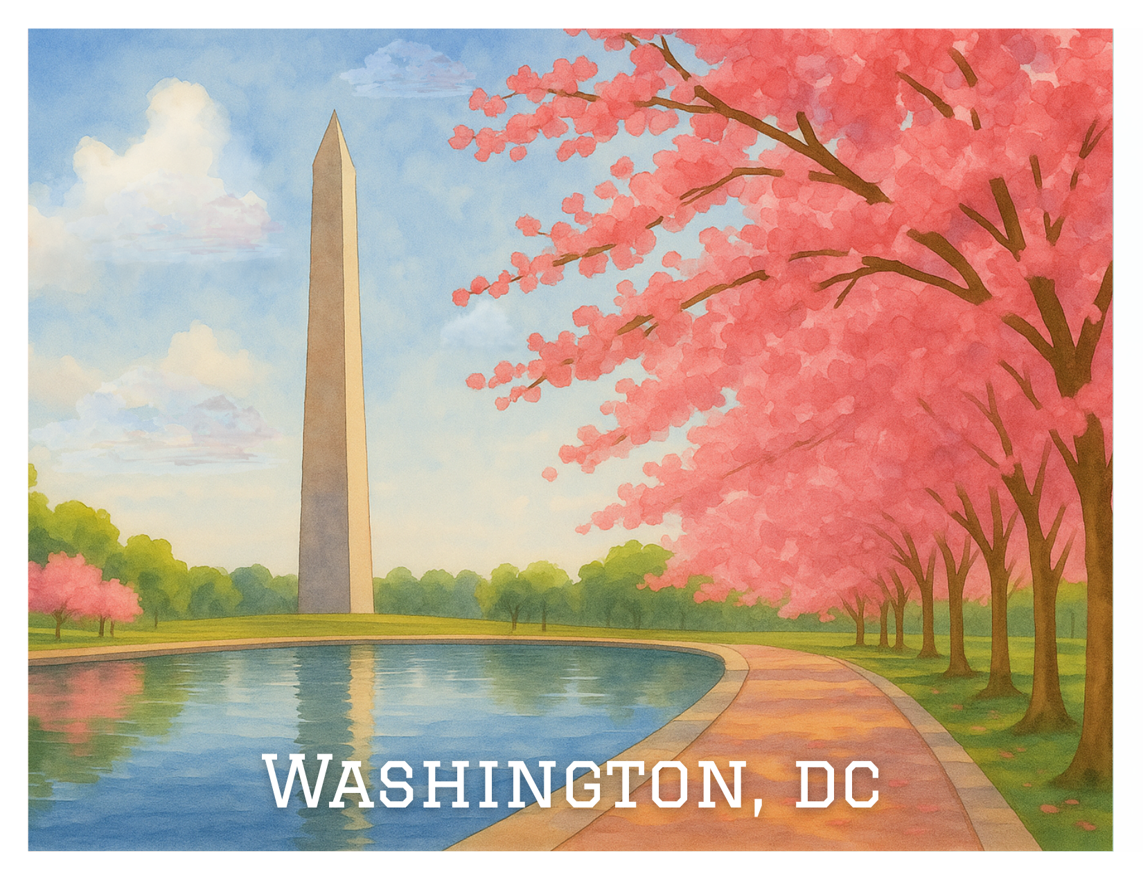 Washington, DC, watercolor art, Washington Monument reflected in water, cherry blossoms in bloom.