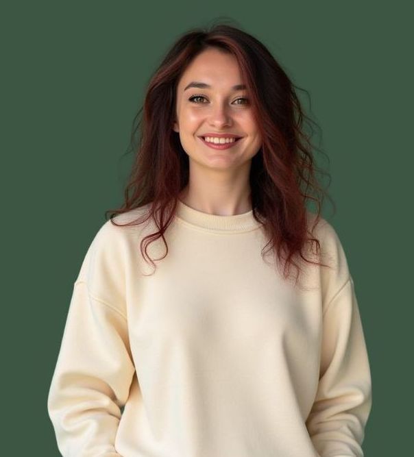 Bernice smiling, wearing cream sweatshirt, against a green background.