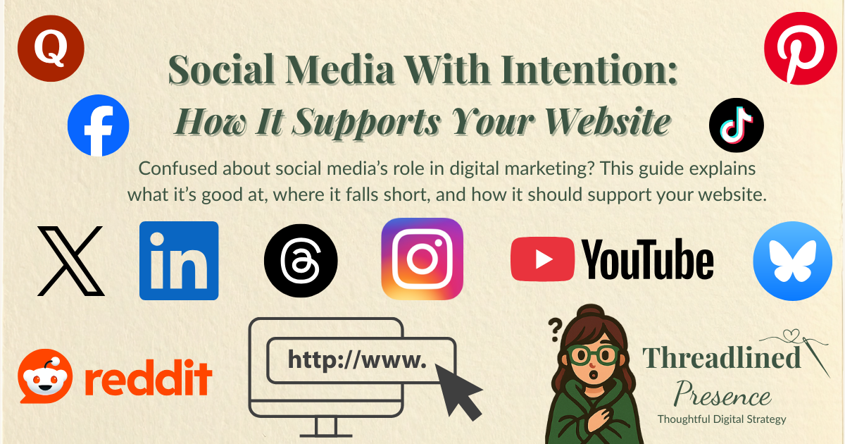 Infographic about using social media to support a website; includes social media icons, a computer, and a person.