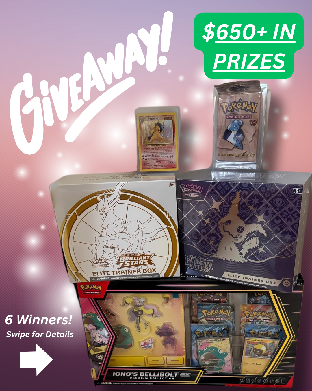 An instagram giveaway post picturing Pokémon ETBs, packs, and sets. Indicates $650+ in prizes for 6 winners.