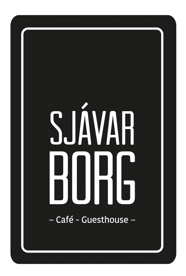 A black and white logo for sjavar borg cafe guesthouse