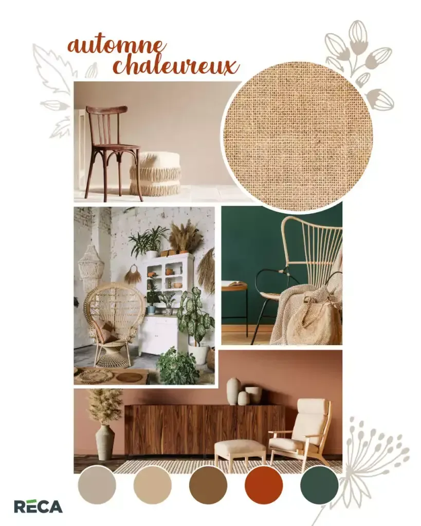 Un collage d'images d'un salon avec une chaise et une table.