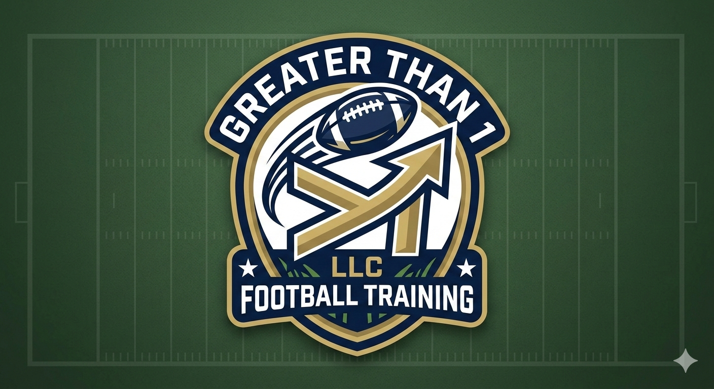 Logo for Greater Than One LLC, featuring "GT1" in bold, football, and text.