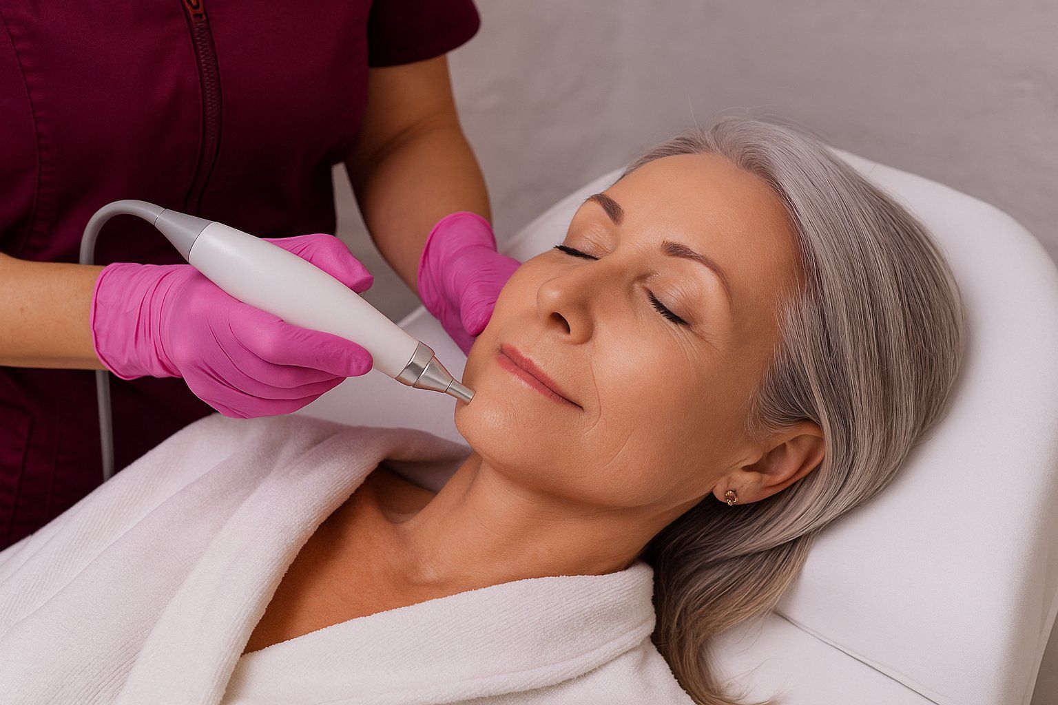 Woman receiving Jet Plasma facial treatment on cheek, representing non-invasive skin tightening procedure in Albuquerque.