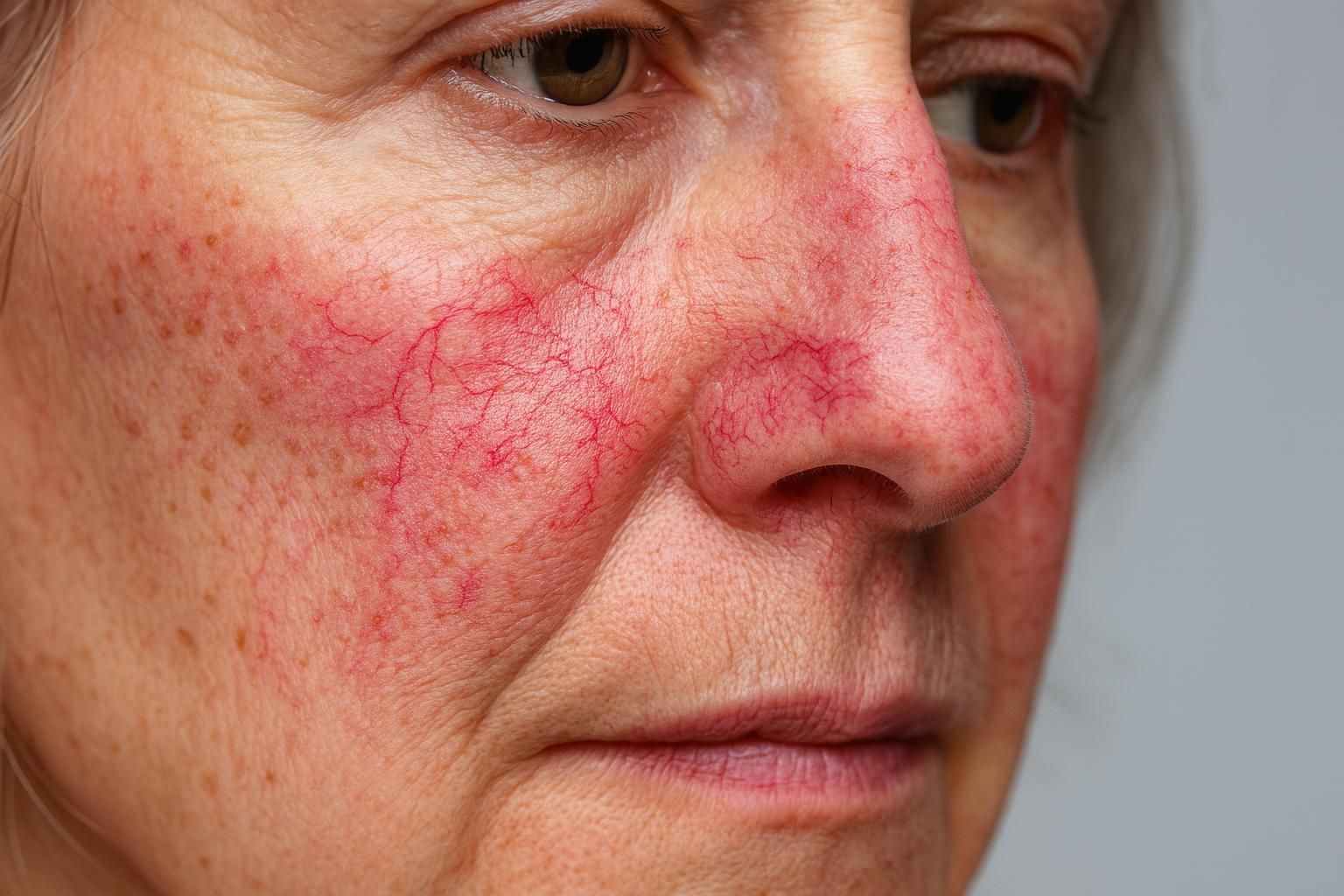Close-up of red broken capillaries on cheek illustrating broken capillaries treatment for clearer skin in Albuquerque.