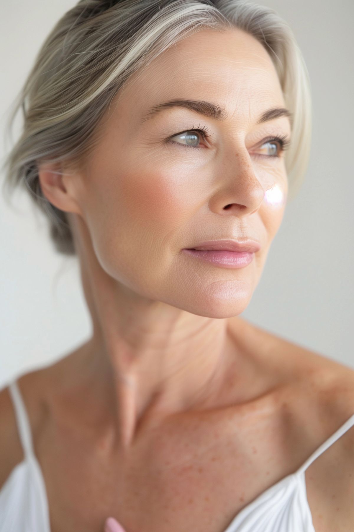 Confident woman with smooth, youthful skin, representing DermaFrac microneedling facial treatment in Albuquerque.