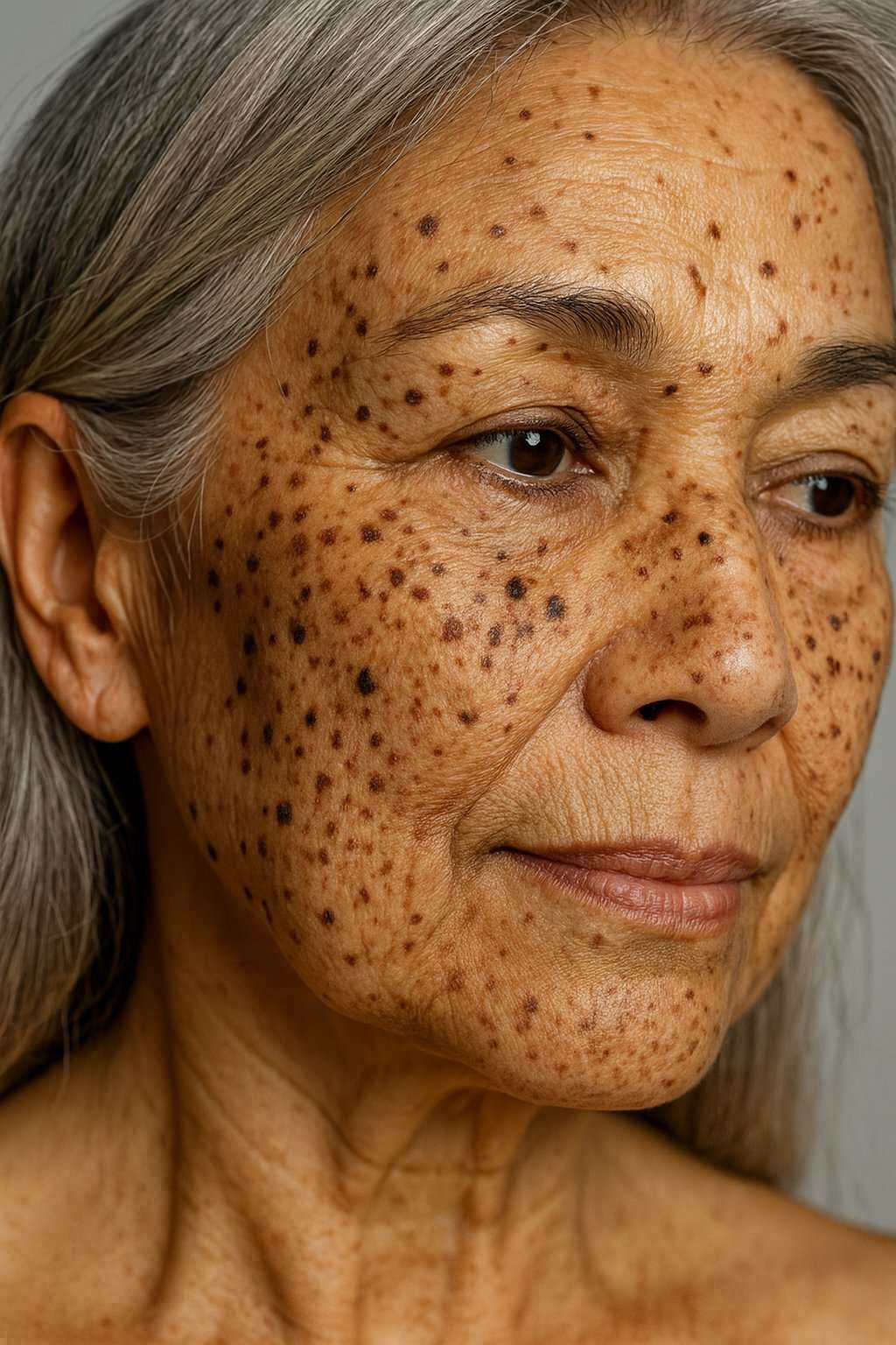 Woman with multiple small dark bumps on face illustrating DPN treatment in Albuquerque.
