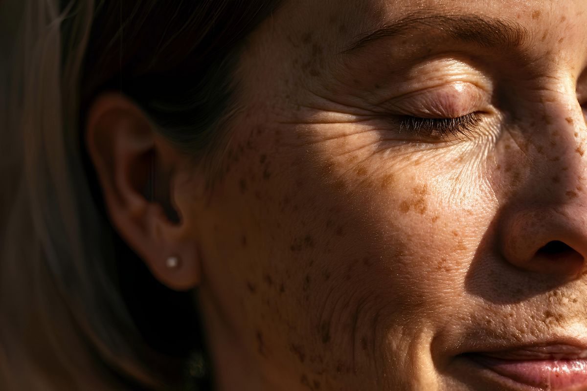 Woman’s cheek showing dark sunspots and hyperpigmentation illustrating treatment for uneven skin tone in Albuquerque.