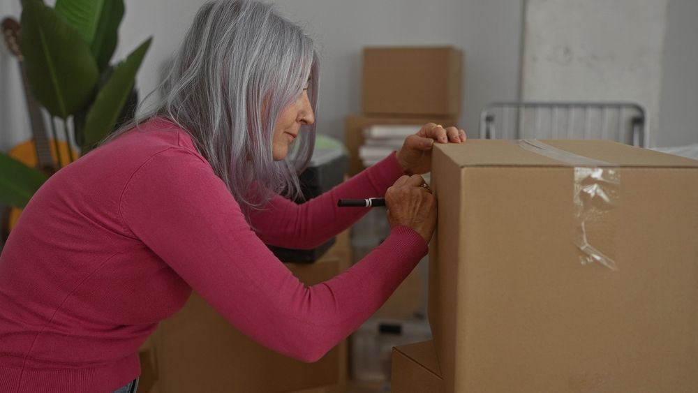 A person with gray hair wearing a pink sweater writes on a cardboard moving box with a marker in a room filled with boxes.