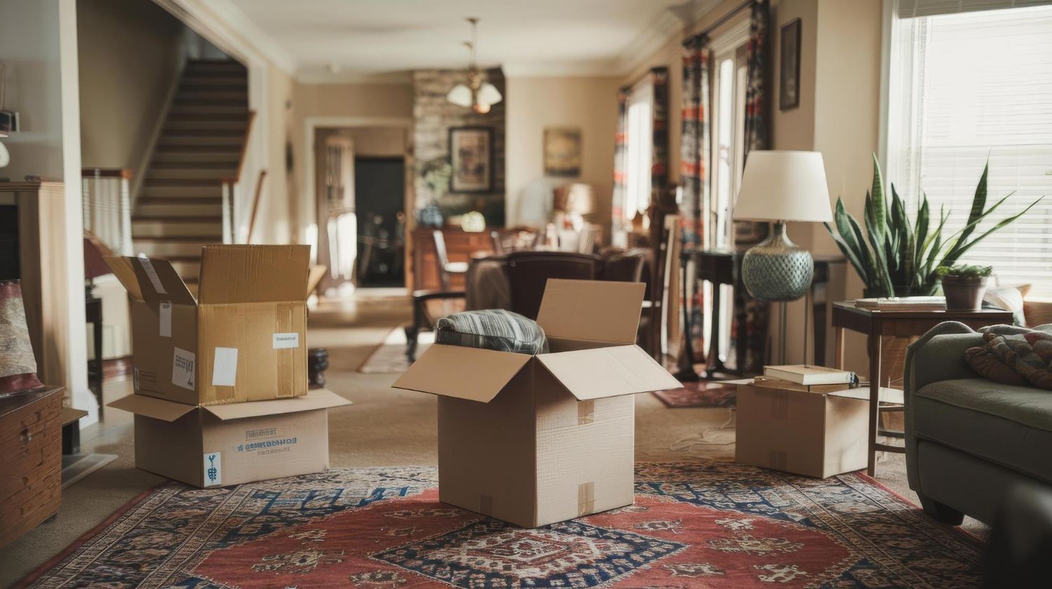 A living room filled with cardboard boxes and a rug.