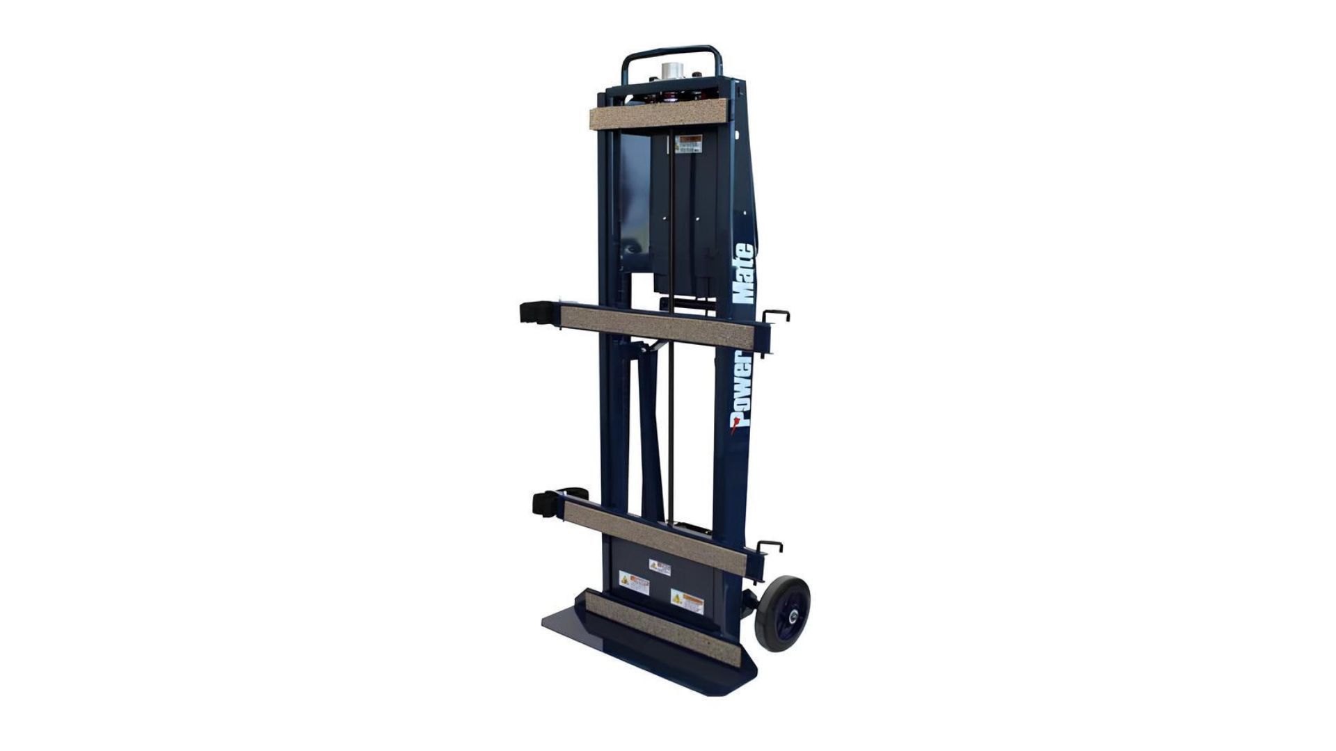 A dark blue and tan vertical lift with wheels, designed for moving items, set against a white background.
