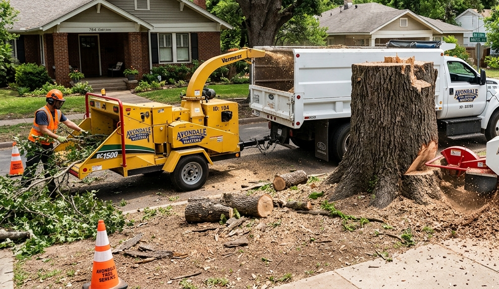 Crew removing roots and stump after tree removal