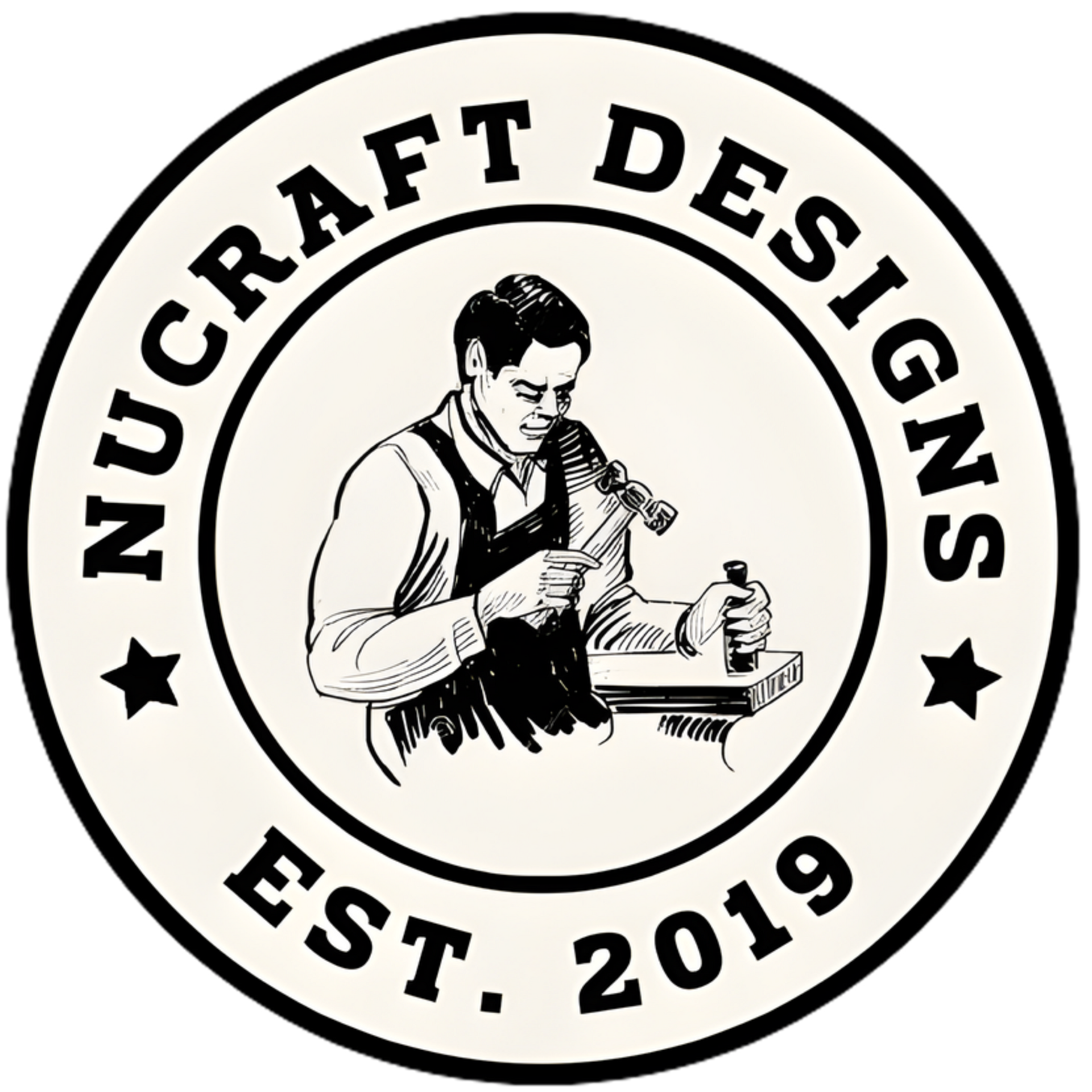 NuCraft Designs logo: man working wood with hammer, within a circle, text around.
