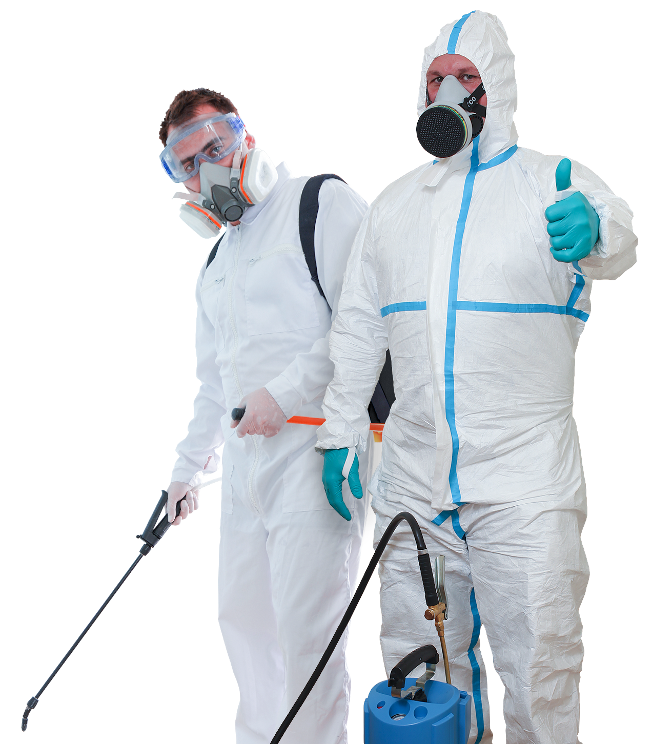 A man in a protective suit is giving a thumbs up