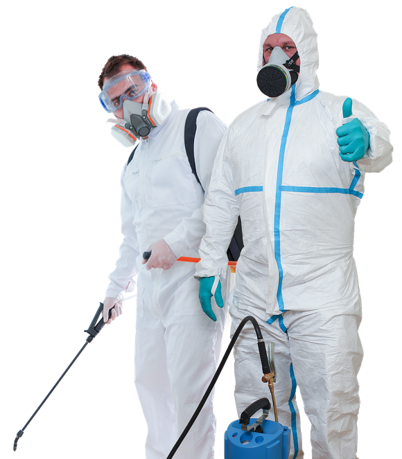 A man in a protective suit is giving a thumbs up