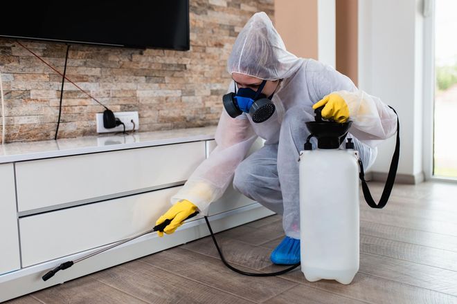 A man in a protective suit is spraying a room with a sprayer.