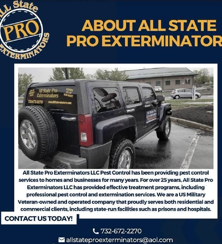 An advertisement for all state pro exterminators shows a black suv parked in a parking lot.