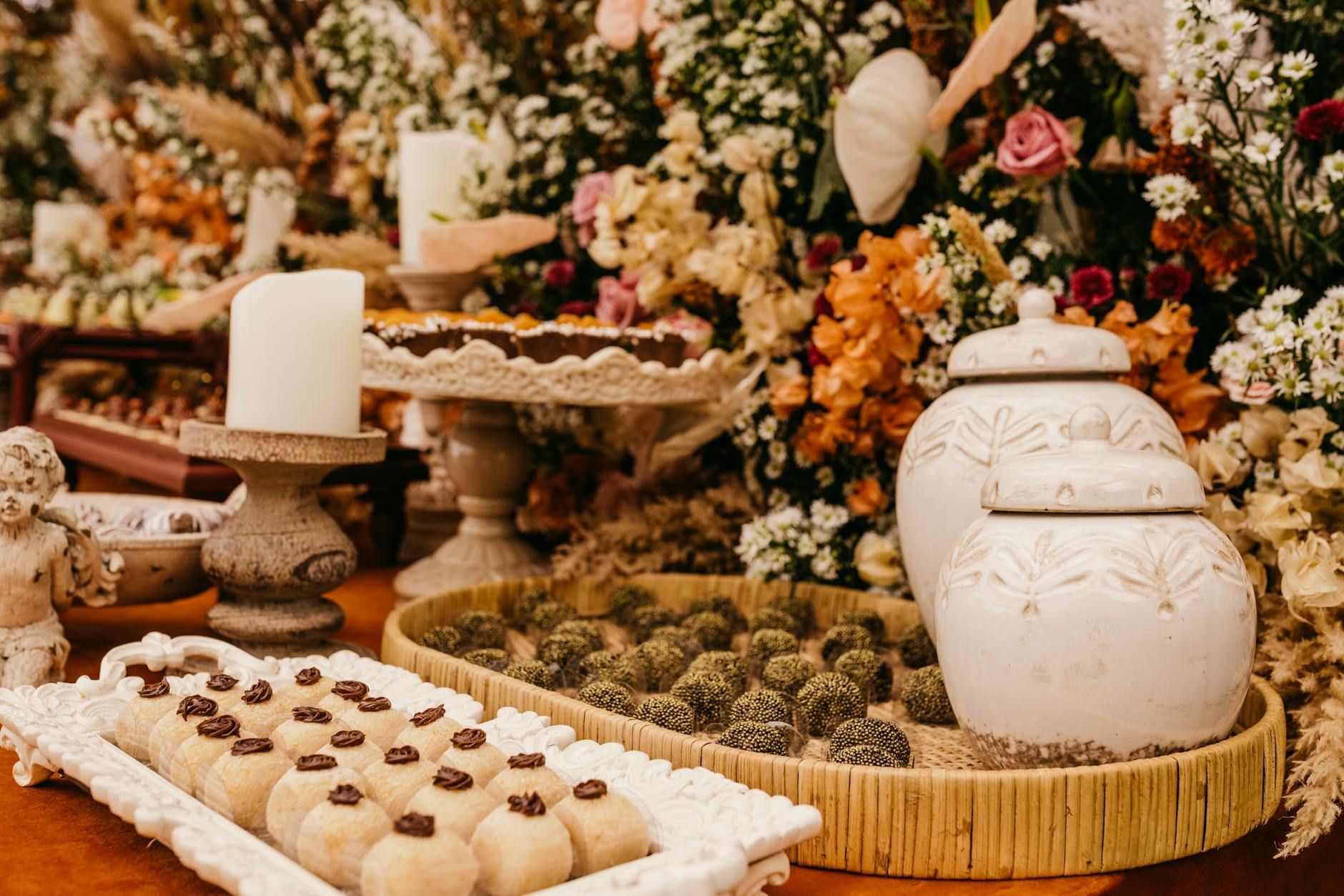 Elegant dessert table at a luxury wedding in Corsicana, TX with vintage and floral decorations.