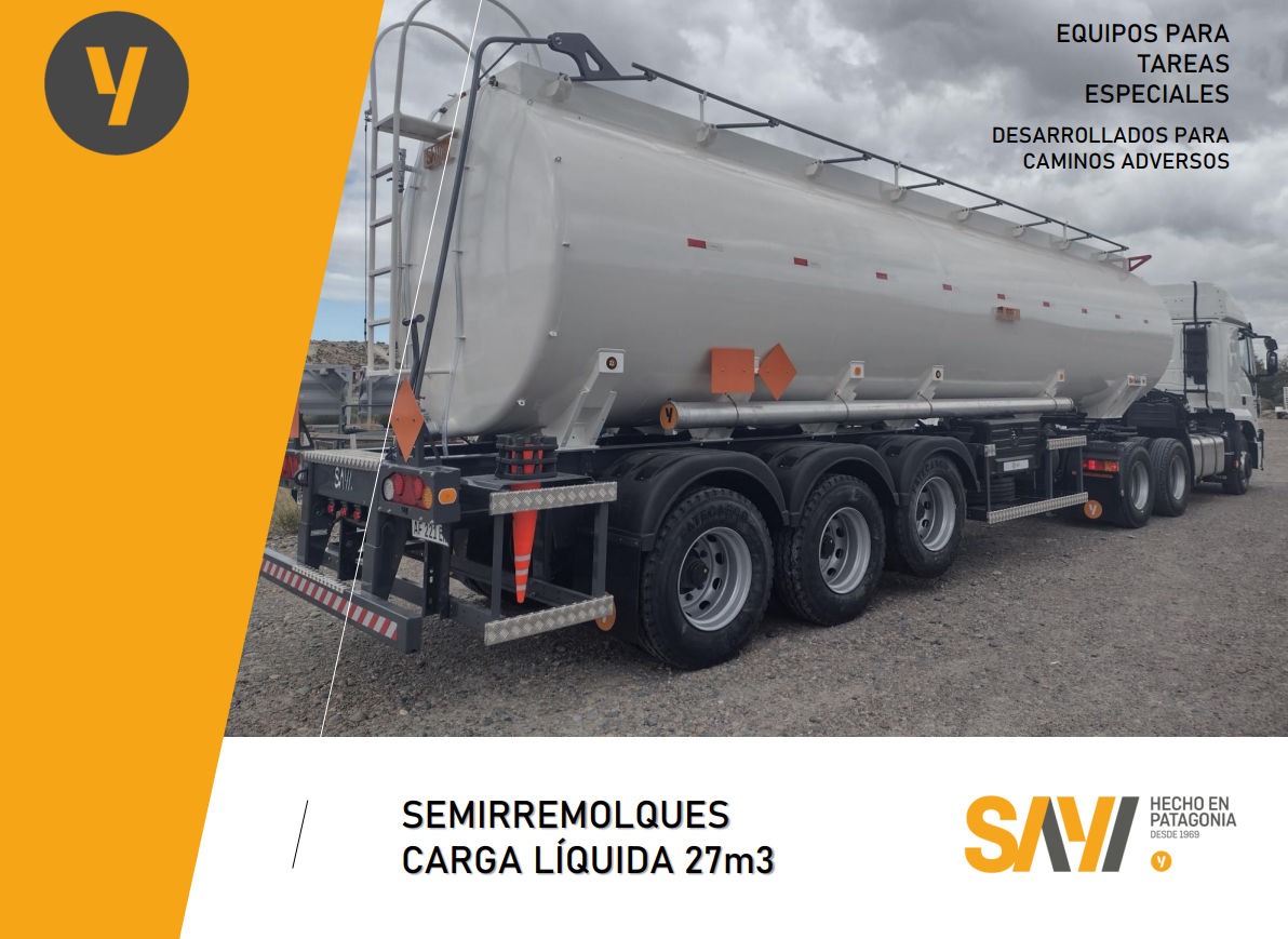 Camión cisterna, tanque blanco, cuatro ejes, acento amarillo, texto: 