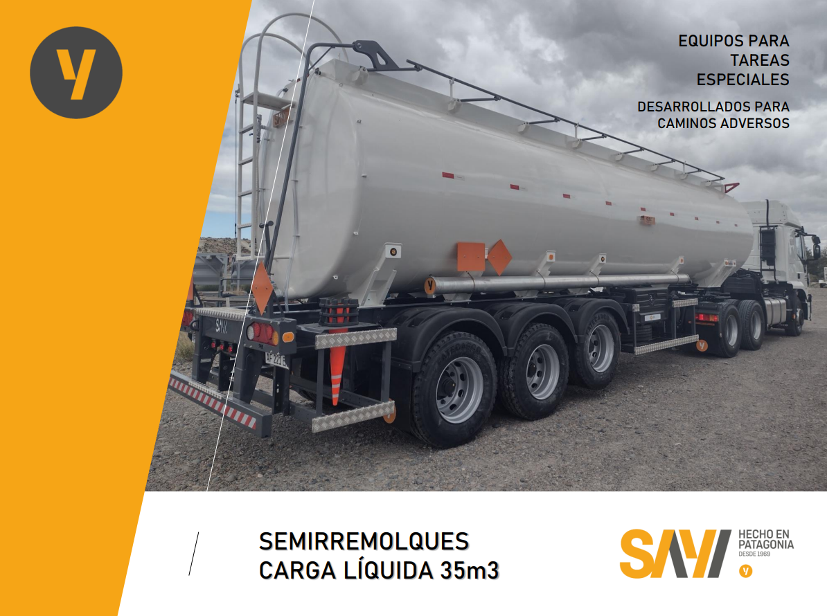 Camión semirremolque con un gran depósito cilíndrico. El texto dice 