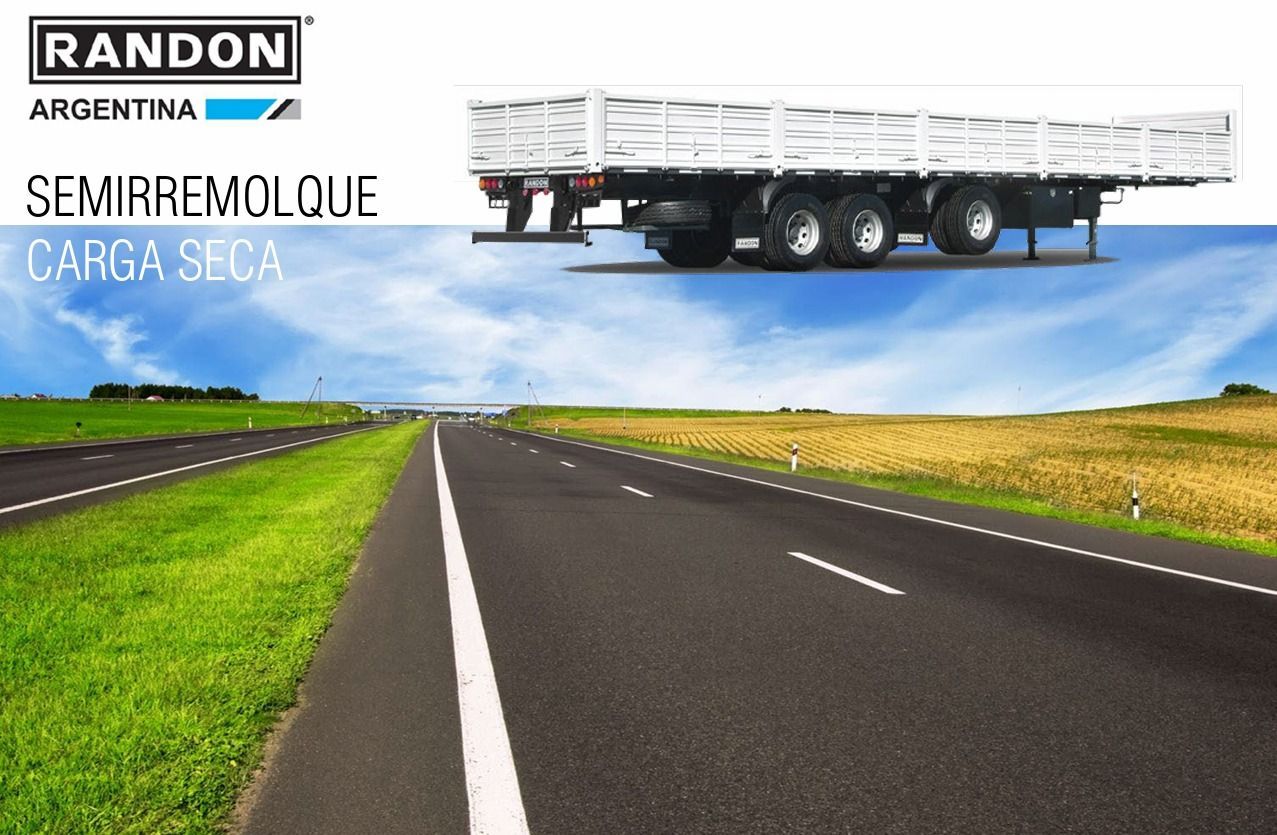 Semirremolque Randon Argentina en una autopista; cielo azul, pasto verde, campo amarillo al fondo.