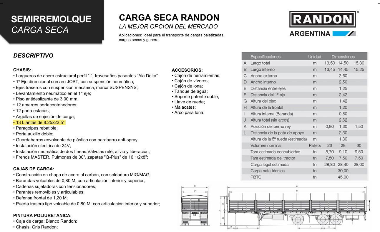 Especificaciones del semirremolque de carga seca Randon; marca argentina, dimensiones y características listadas.