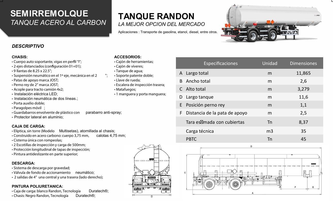 Diagrama de un semirremolque cisterna Randon, que muestra especificaciones técnicas, dimensiones y un render 3D.