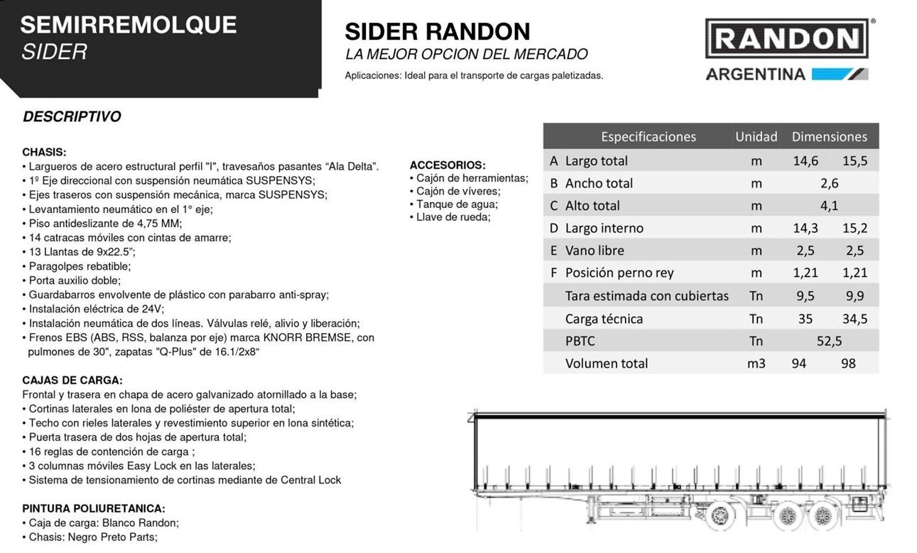 Vista lateral de un semirremolque Randon blanco para carga, con tabla de especificaciones y detalles de texto.