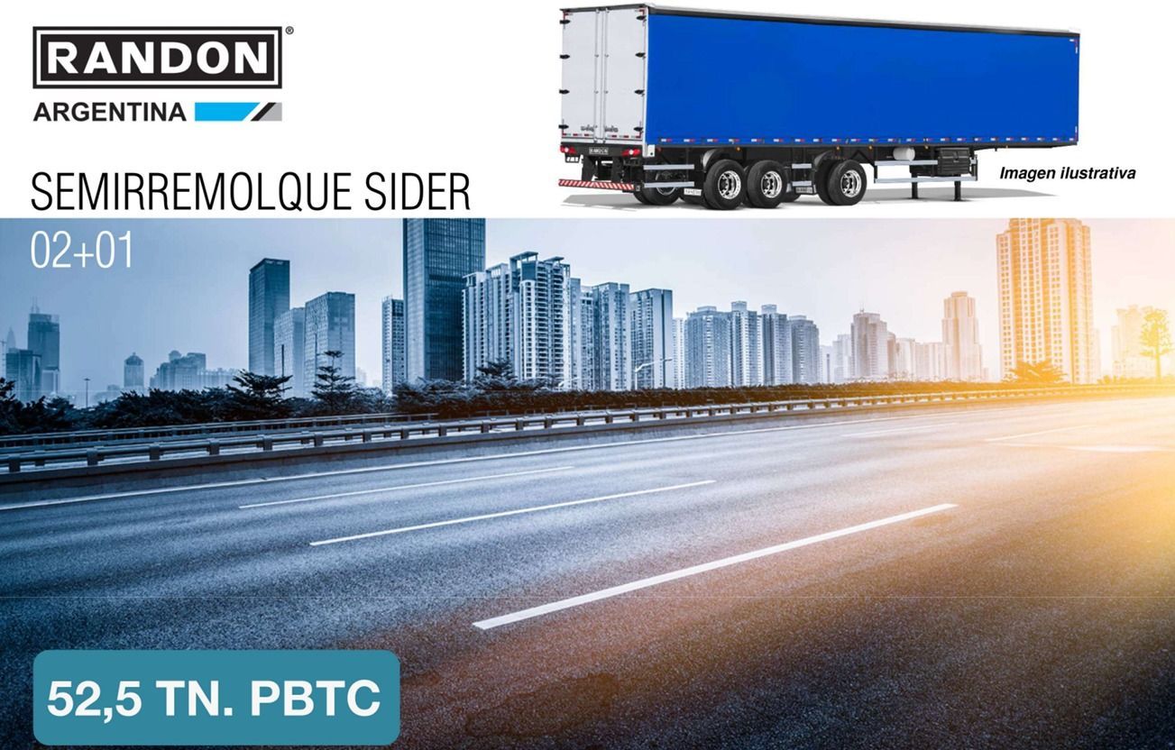 Un semirremolque Randon azul en una carretera con la ciudad de fondo y el texto 
