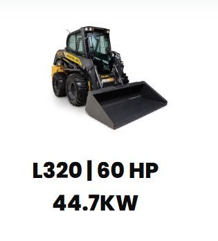 Cargadora compacta negra y amarilla con cucharón. L320, 60 HP, 44,7KW.